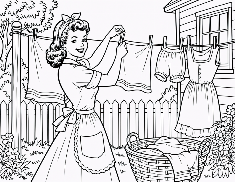 Laundry Day Coloring Page, Clothesline and Wicker Basket