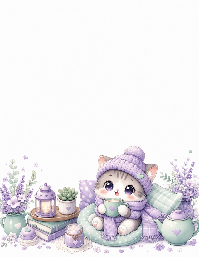 Lavender Kitten Stationery, Pom-Hat Cat with Tea and Candle