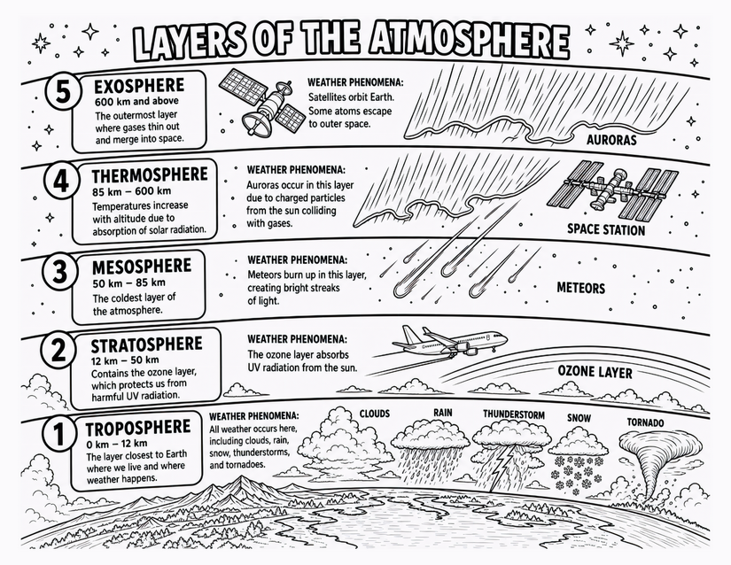 Layers of the Atmosphere Coloring Page, Five Labeled Zones