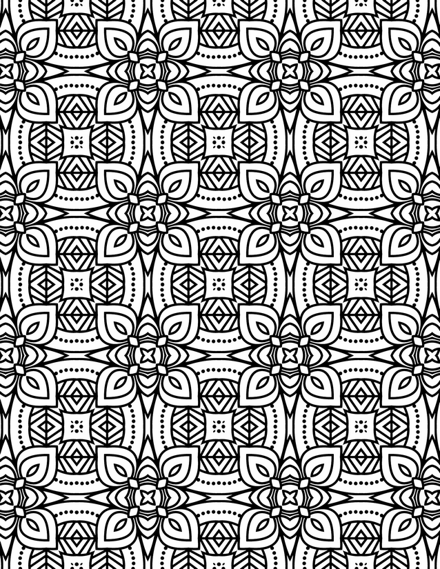 Leaf and Square Folk Tile Coloring Page, Dotted Ovals and Chevrons
