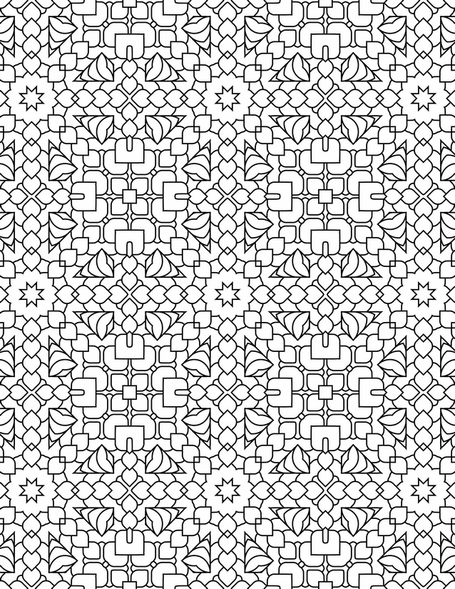 Lotus Square Tile Coloring Page, Leaves and Eight-Point Stars