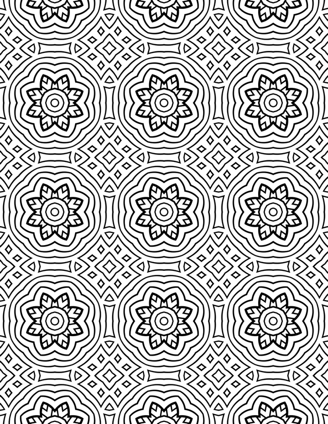 Medallion Flower Circle Coloring Page, Concentric Rings and Star Centers