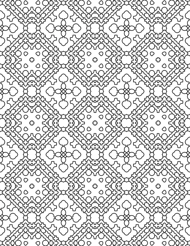 Moroccan Quatrefoil Grid Coloring Page, Circles and Cross Motifs