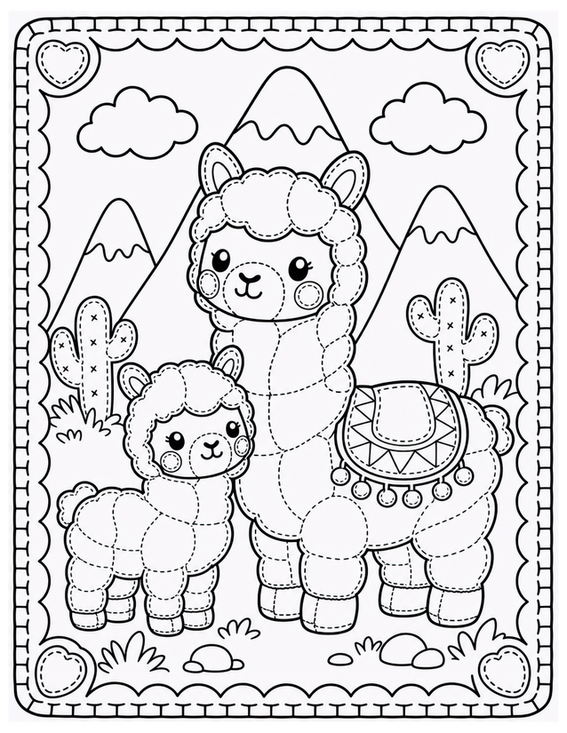 Mother and Baby Alpaca Coloring Page, Patchwork Saddle and Mountain Peaks