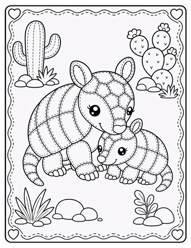 Mother and Baby Armadillo Coloring Page, Desert Cacti Scene