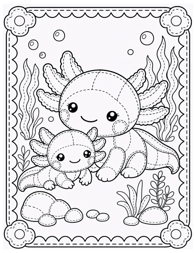 Mother and Baby Axolotl Coloring Page, Kawaii Underwater Scene
