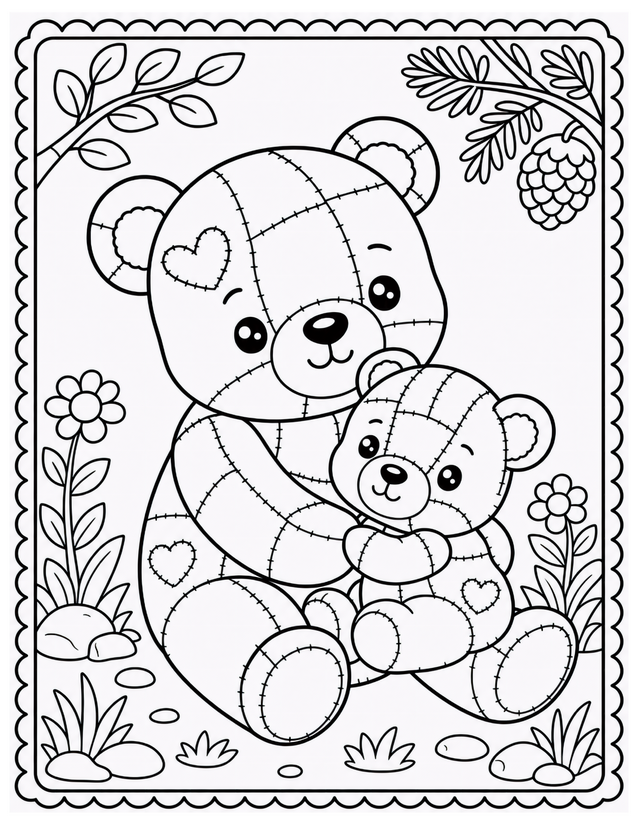 Mother and Baby Bear Coloring Page, Patchwork Stitching and Pinecones