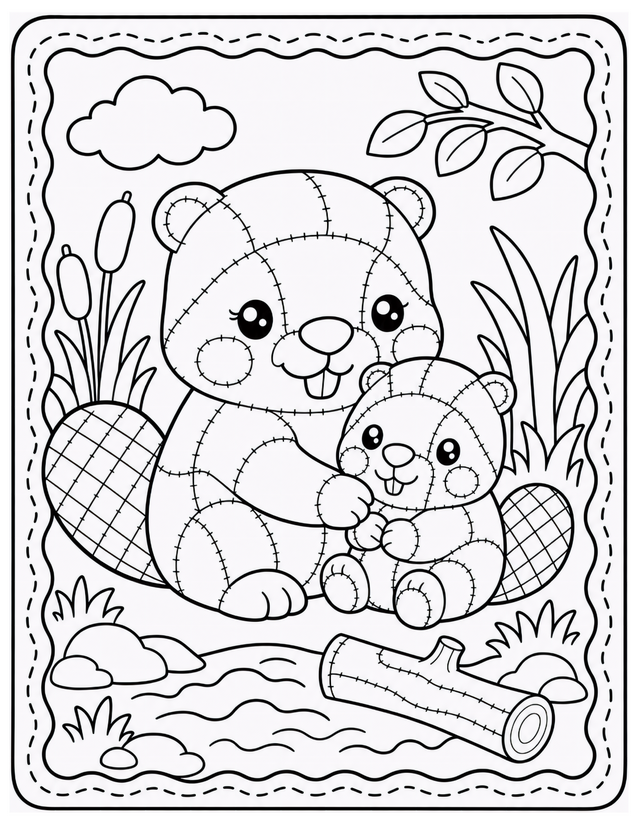 Mother and Baby Beaver Coloring Page, Stitched Patchwork and Cattails