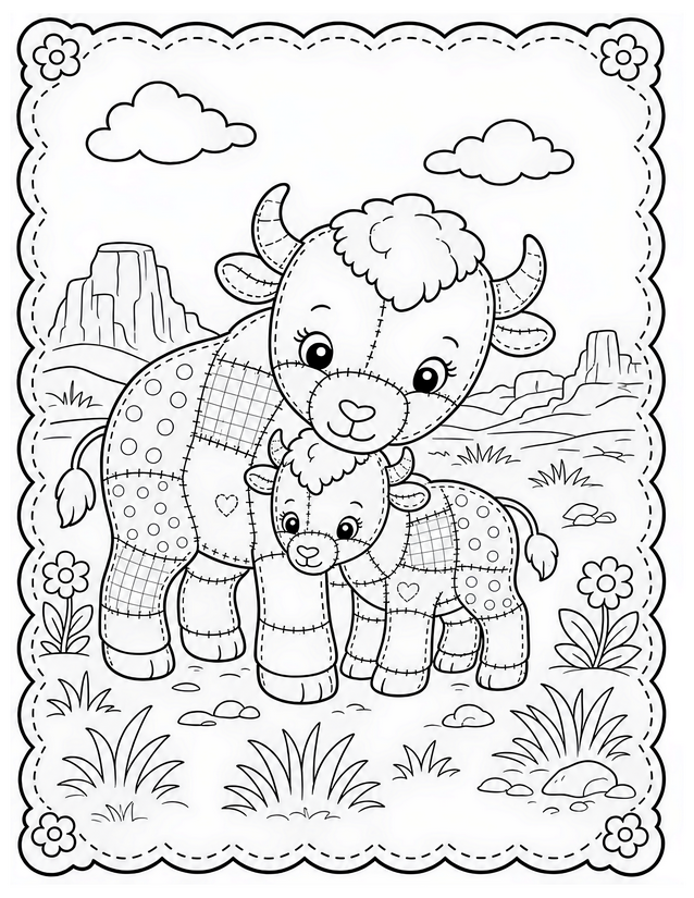 Mother and Baby Bison Coloring Page, Patchwork Style