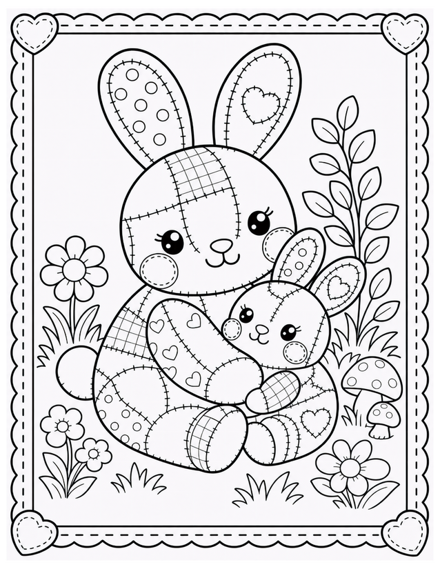 Mother and Baby Bunny Coloring Page, Patchwork Stitched