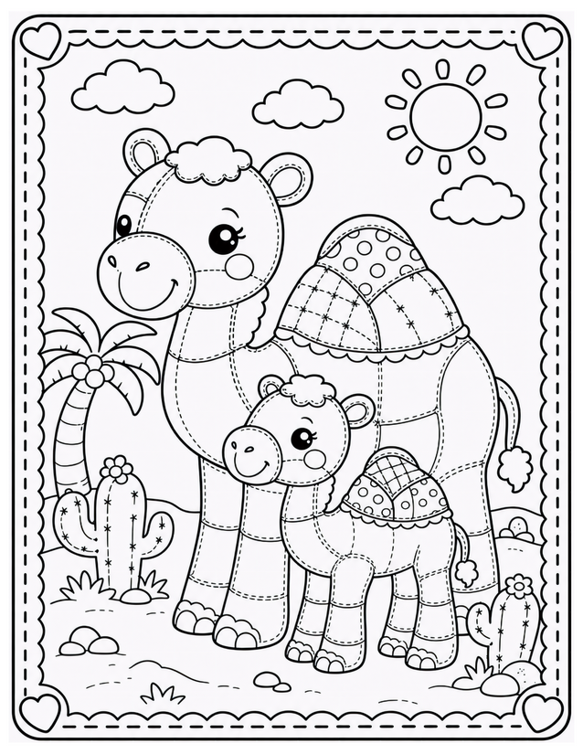 Mother and Baby Camel Coloring Page, Patchwork Humps and Desert Scene