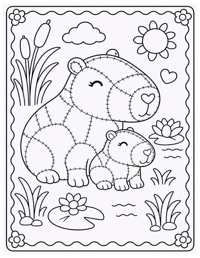 Mother and Baby Capybara Coloring Page, Riverside Kawaii Scene