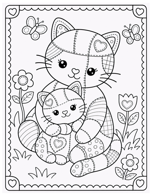 Mother and Baby Cat Coloring Page, Patchwork Cats with Butterflies
