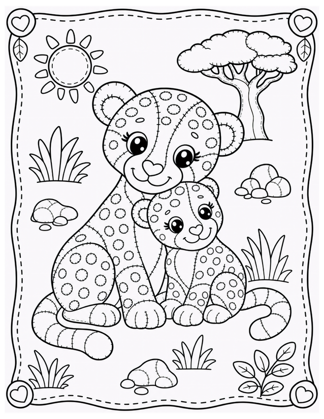 Mother and Baby Cheetah Coloring Page, Savanna Scene with Stitch Details