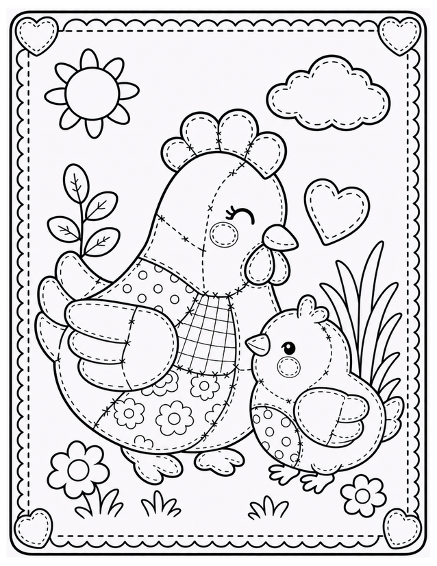 Mother and Baby Chicken Coloring Page, Patchwork Hen and Chick