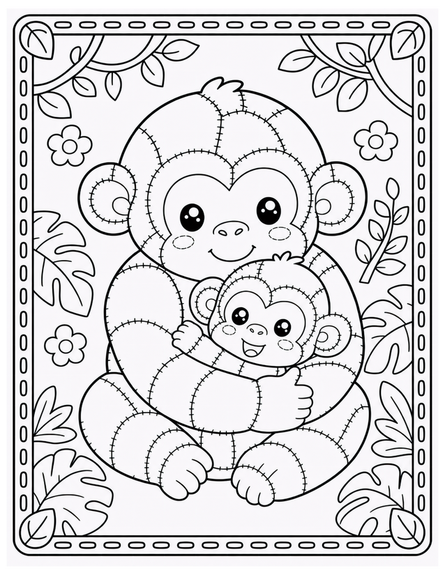 Mother and Baby Chimpanzee Coloring Page, Stitched Kawaii Pair