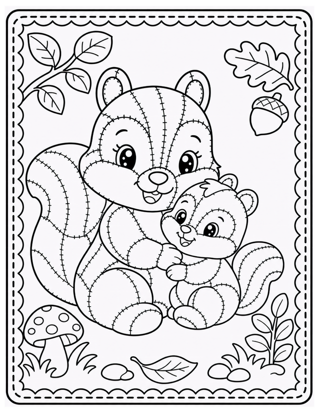 Mother and Baby Chipmunk Coloring Page, Acorn and Mushroom Details