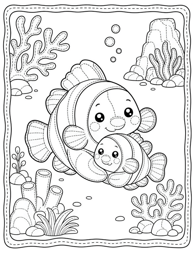 Mother and Baby Clownfish Coloring Page, Coral Reef Scene