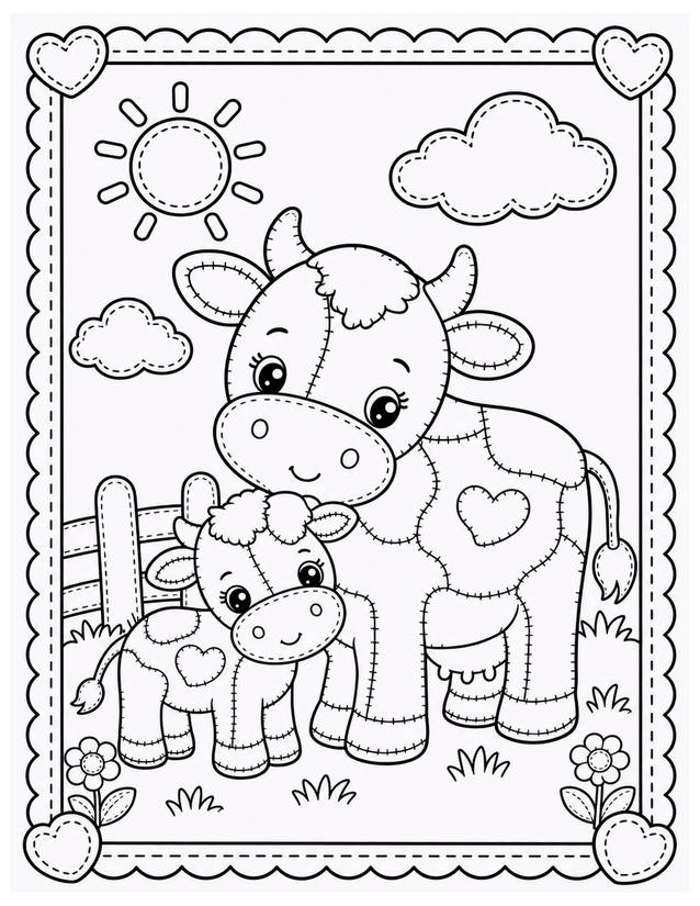 Mother and Baby Cow Coloring Page, Hearts and Sunny Farm Scene