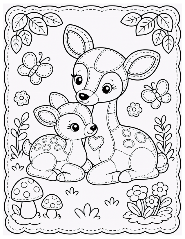 Mother and Baby Deer Coloring Page, Patchwork Spots and Heart Detail