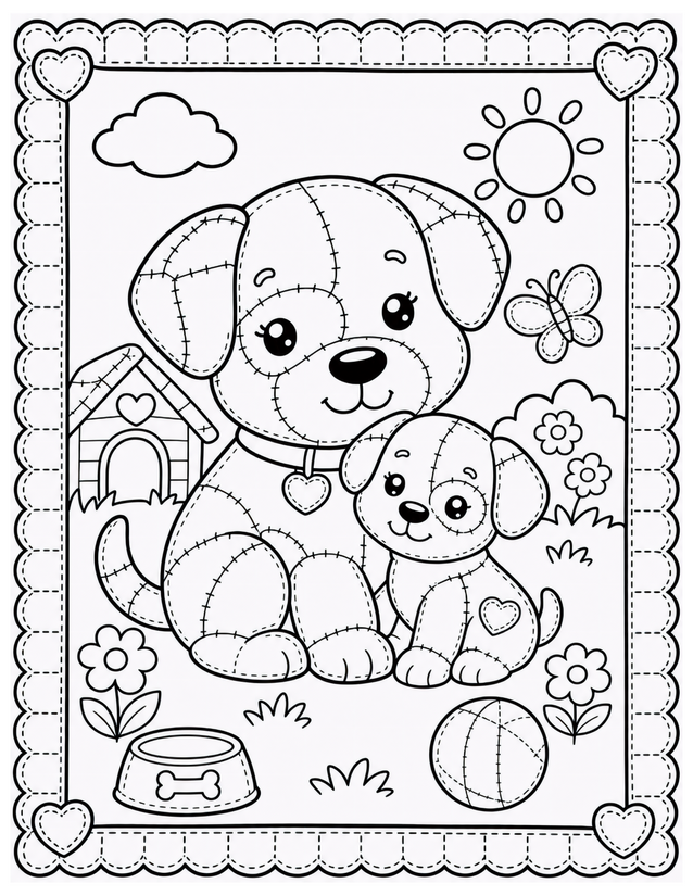 Mother and Baby Dog Coloring Page, Patchwork Pups with Heart Details