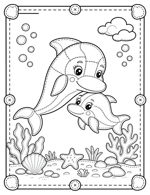Mother and Baby Dolphin Coloring Page, Patchwork Style Underwater Scene