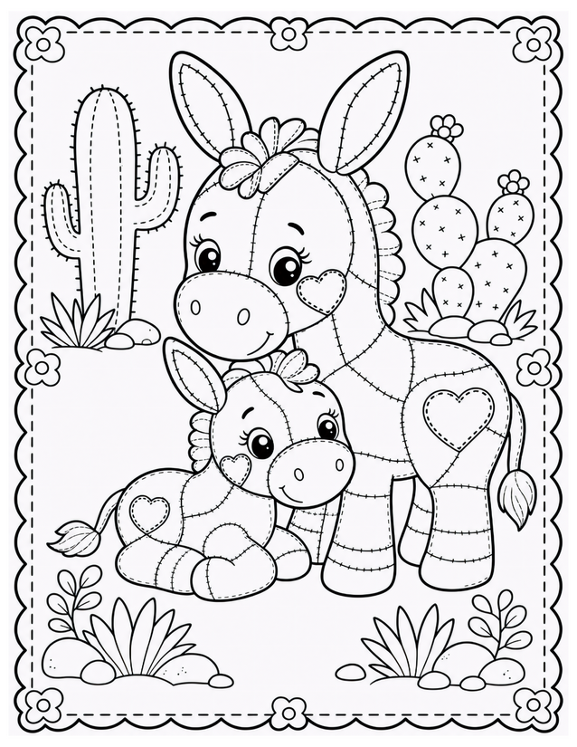 Mother and Baby Donkey Coloring Page, Cacti and Patchwork Hearts