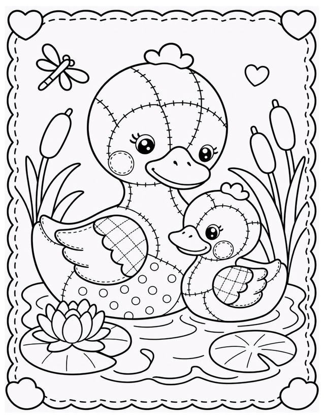 Mother and Baby Duck Coloring Page, Pond Scene with Dragonfly