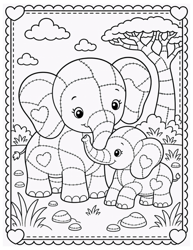 Mother and Baby Elephant Coloring Page, Hearts and Savanna