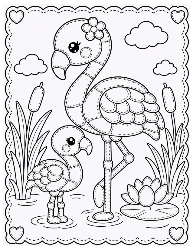 Mother and Baby Flamingo Coloring Page, Cattails and Lily Pad