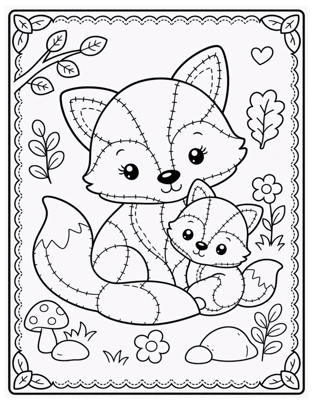 Mother and Baby Fox Coloring Page, Patchwork Style with Woodland Details