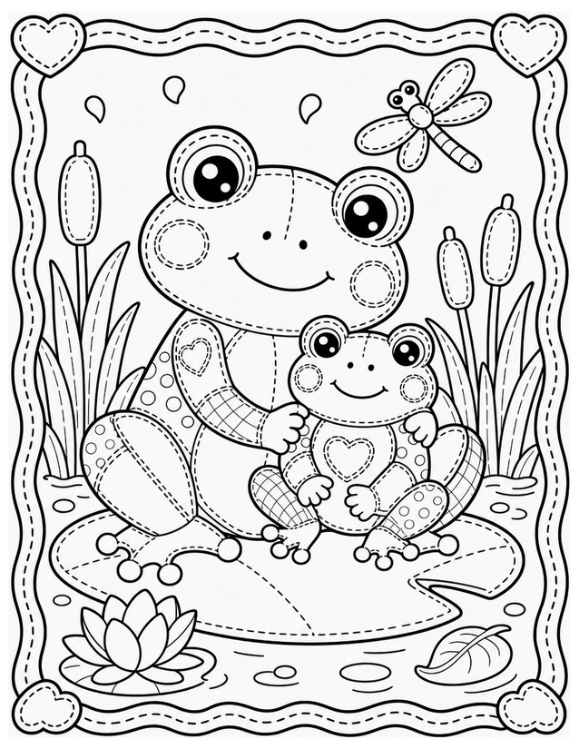Mother and Baby Frog Coloring Page, Lily Pad and Dragonfly