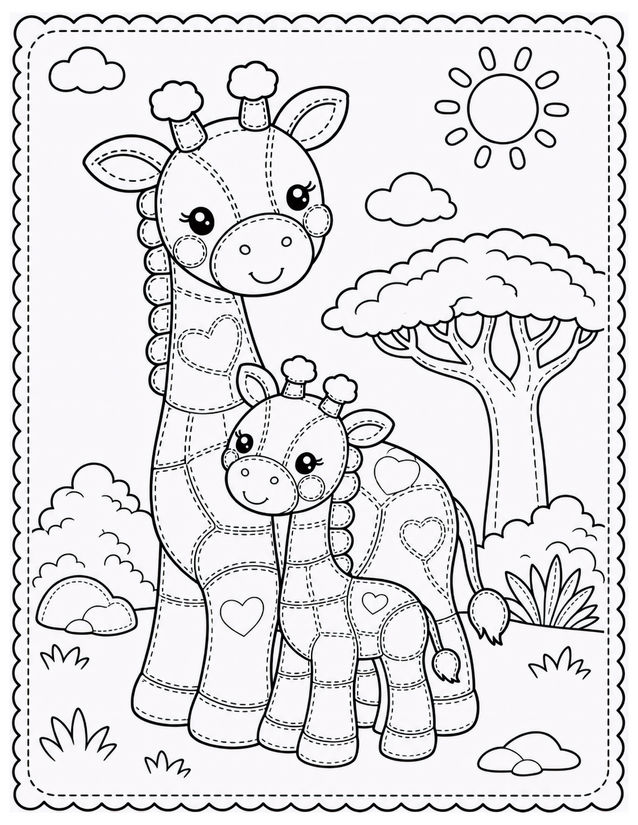 Mother and Baby Giraffe Coloring Page, Hearts and Savanna Scene