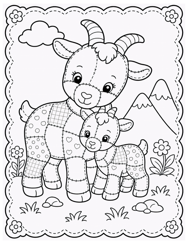 Mother and Baby Goat Coloring Page, Patchwork Style with Mountain Backdrop