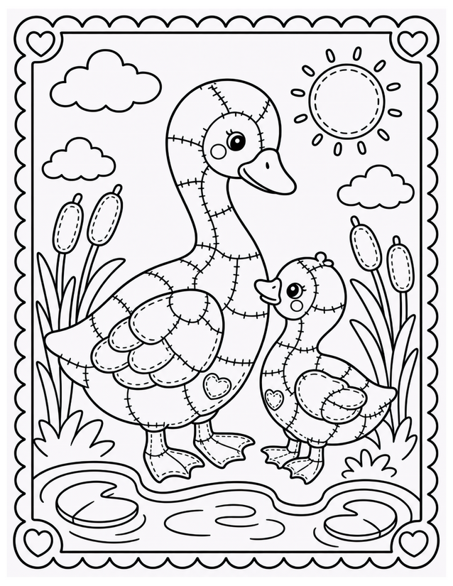 Mother and Baby Goose Coloring Page, Cattails and Pond