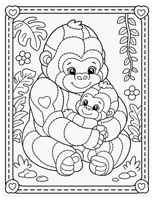 Mother and Baby Gorilla Coloring Page, Heart Patch and Jungle Frame