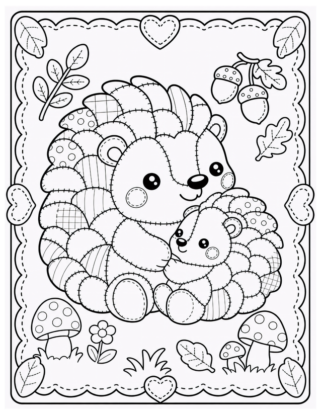 Mother and Baby Hedgehog Coloring Page, Patchwork Spines and Autumn Acorns