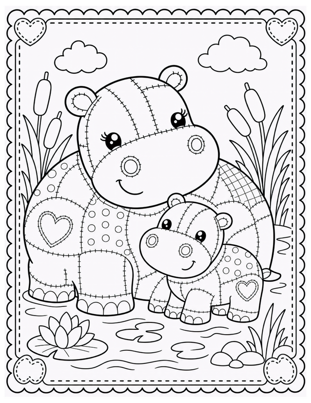 Mother and Baby Hippo Coloring Page, Pond Scene with Cattails