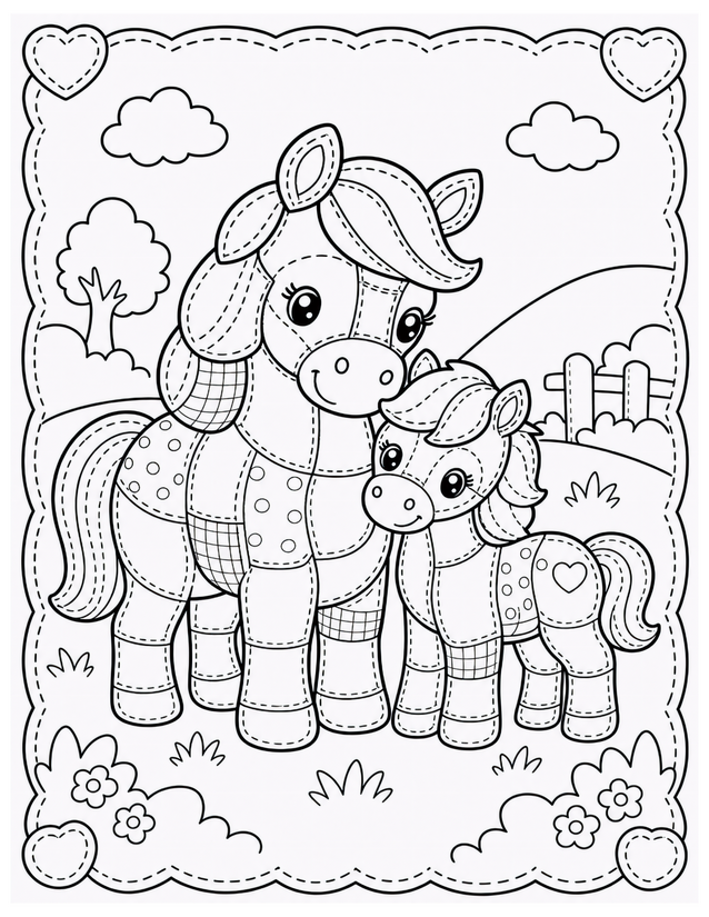 Mother and Baby Horse Coloring Page, Patchwork Ponies and Rainbow