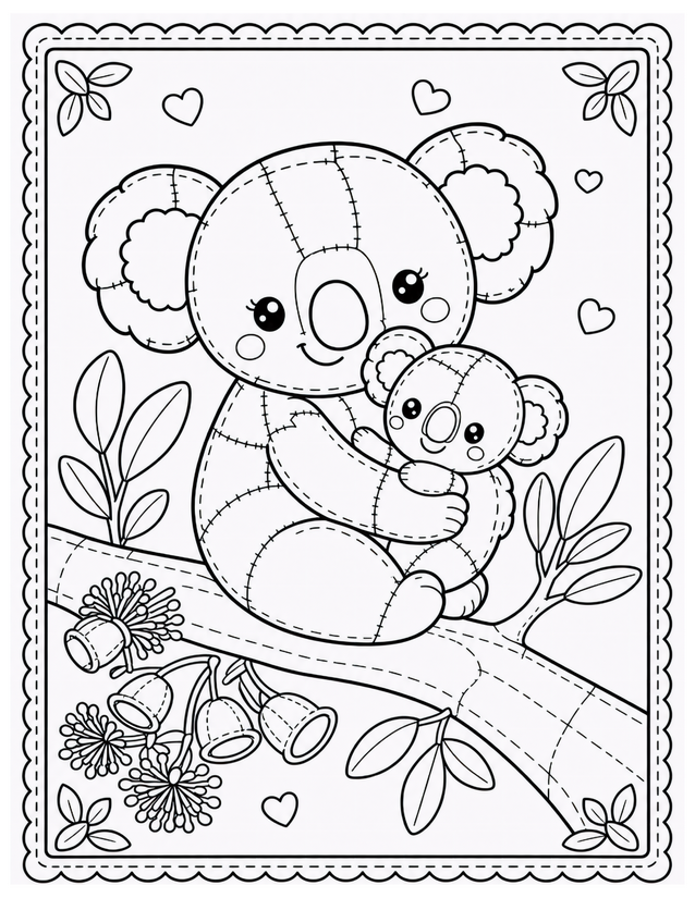 Mother and Baby Koala Coloring Page, Eucalyptus Branch and Hearts