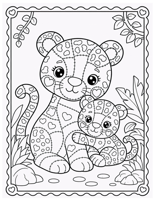 Mother and Baby Leopard Coloring Page, Heart Patches and Spots