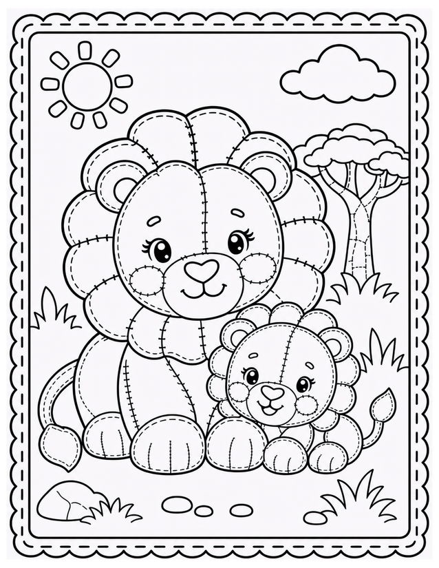 Mother and Baby Lion Coloring Page, Kawaii Patchwork Style