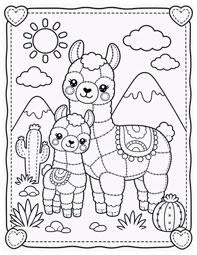 Mother and Baby Llama Coloring Page, Cacti and Mountain Scene