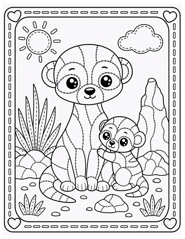 Mother and Baby Meerkat Coloring Page, Sunny Desert Scene