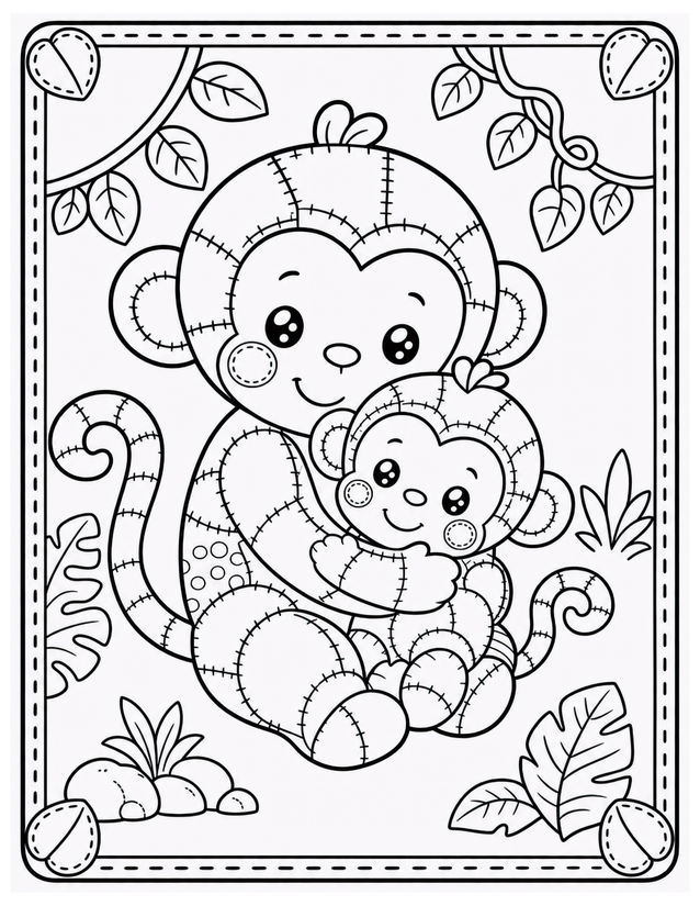 Mother and Baby Monkey Coloring Page, Patchwork Jungle Cuddle