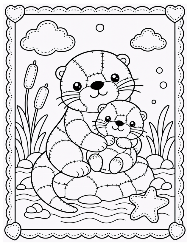 Mother and Baby Otter Coloring Page, Kawaii Patchwork River Scene