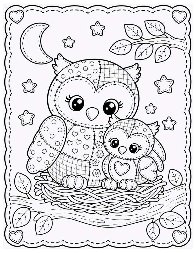Mother and Baby Owl Coloring Page, Kawaii Patchwork Nest Scene