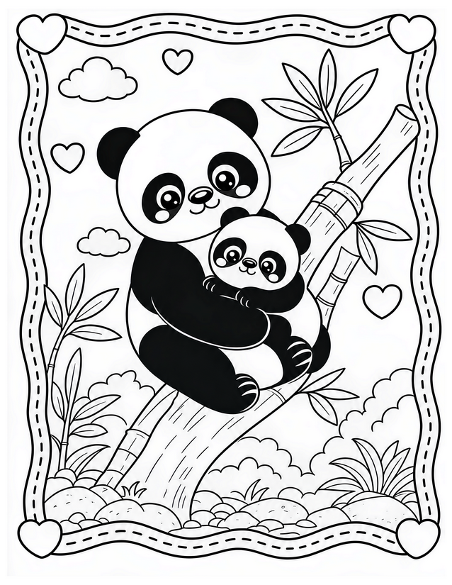 Mother and Baby Panda Coloring Page, Clinging to Bamboo
