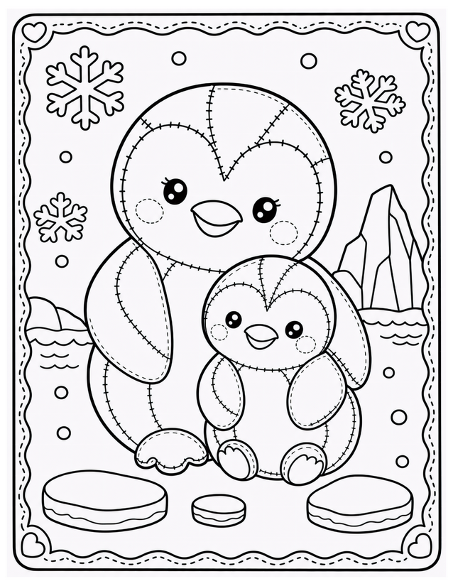 Mother and Baby Penguin Coloring Page, Snowflakes and Icebergs