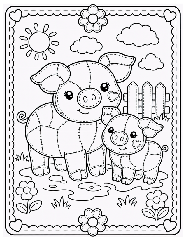 Mother and Baby Pig Coloring Page, Patchwork Pair in the Mud